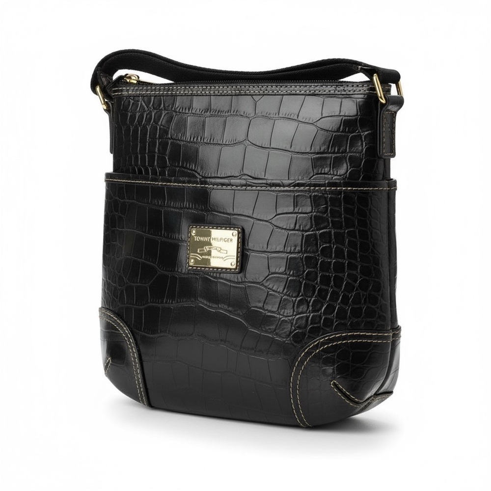 Tommy Hilfiger Black Croc-Embossed Crossbody Messenger Bag, vintage, ex cond